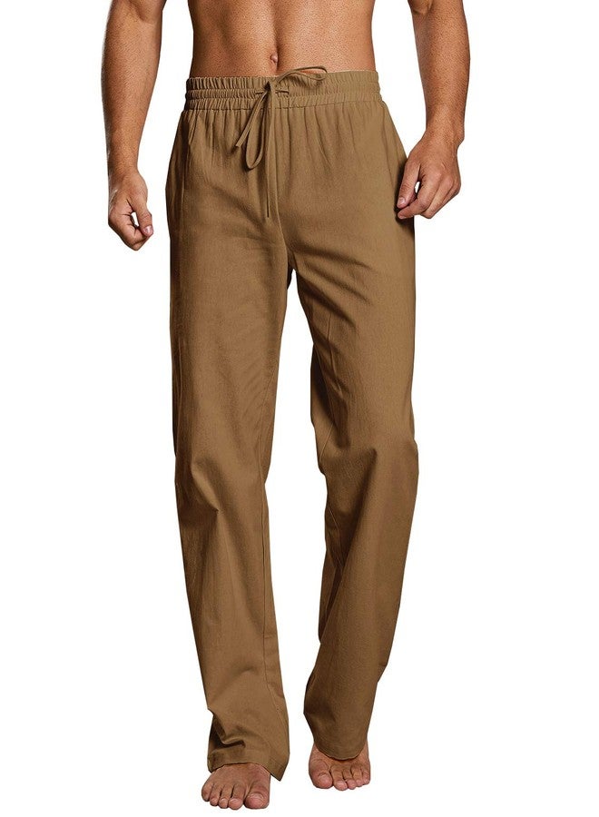 PASLTER Mens Casual Linen Pants Loose Fit Straight-Legs Elastic Drawstring Waist Summer Beach Yoga Long Pants B-Brown - Image 1
